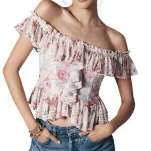 Anthropologie Floral Off-Shoulder Blouse - Pink and Cream